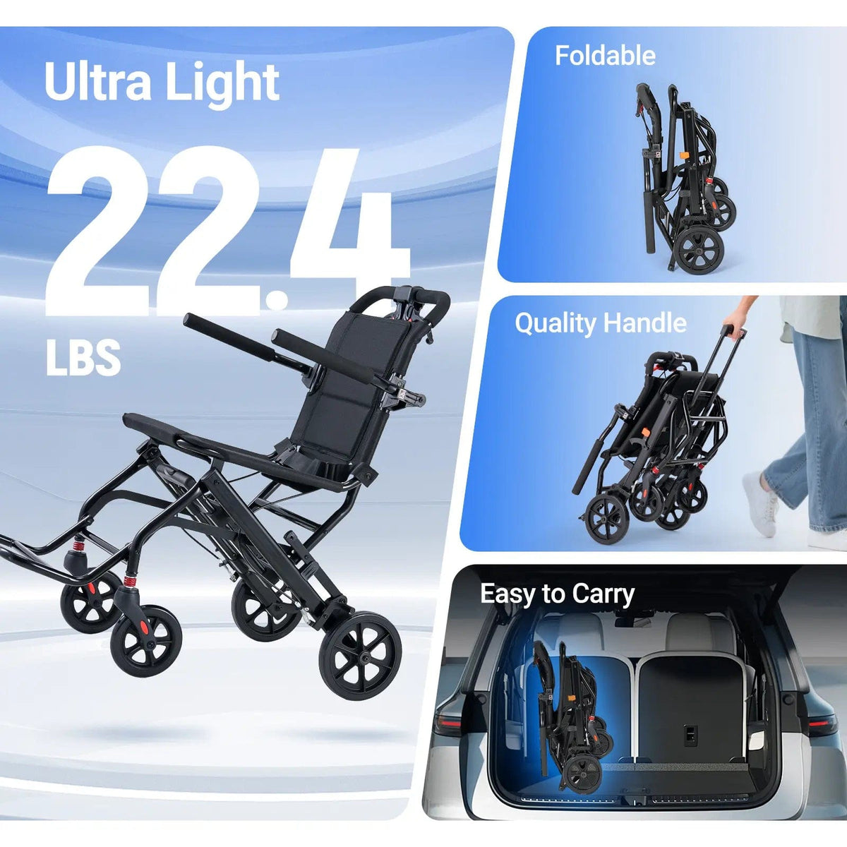 Fold & Travel Mobility accessibility equipment Ultra Lightweight Transport Wheelchair for Adults with Telescopic Handle DH01413