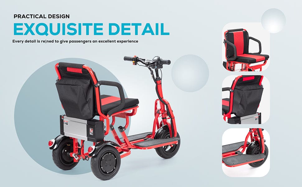 Fold & Travel Mobility WHEELCHAIR COUGAR (Red) Ultra Lightweight Folding Scooter For Adults 3 Wheeler - Portable