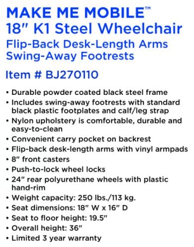 Complete Medical Wheelchairs & Accessories ROLL WITH ME 18" K1 Wheelchair Flip-up Desk Arms & SDF