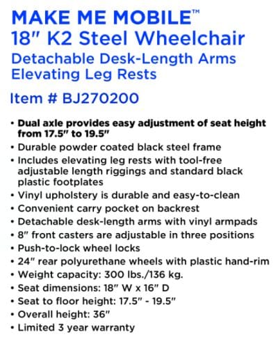 ROLL WITH ME 18" K2 Wheelchair DDA & Elevating Leg Rests