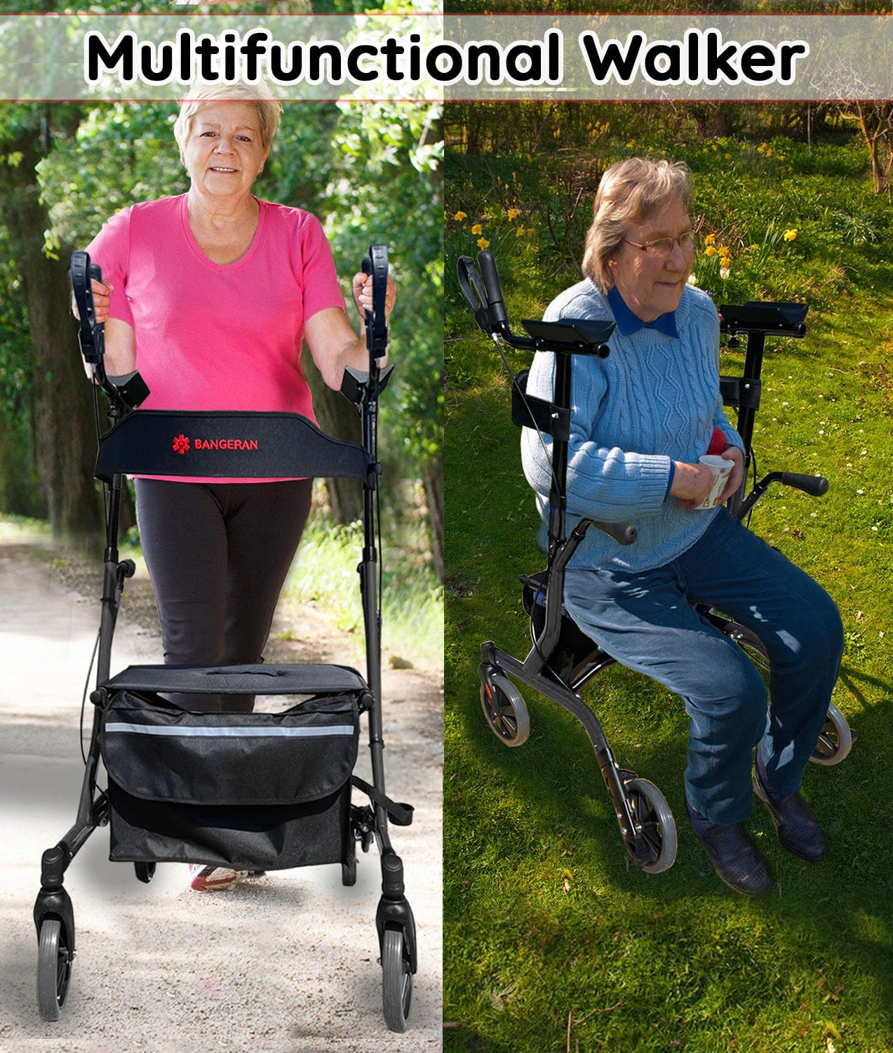 Bangeran Rollators & Walkers BreezeStride Folding Upright Rollator Walker Durable Foldable Up Right Rolling Walker with Seat