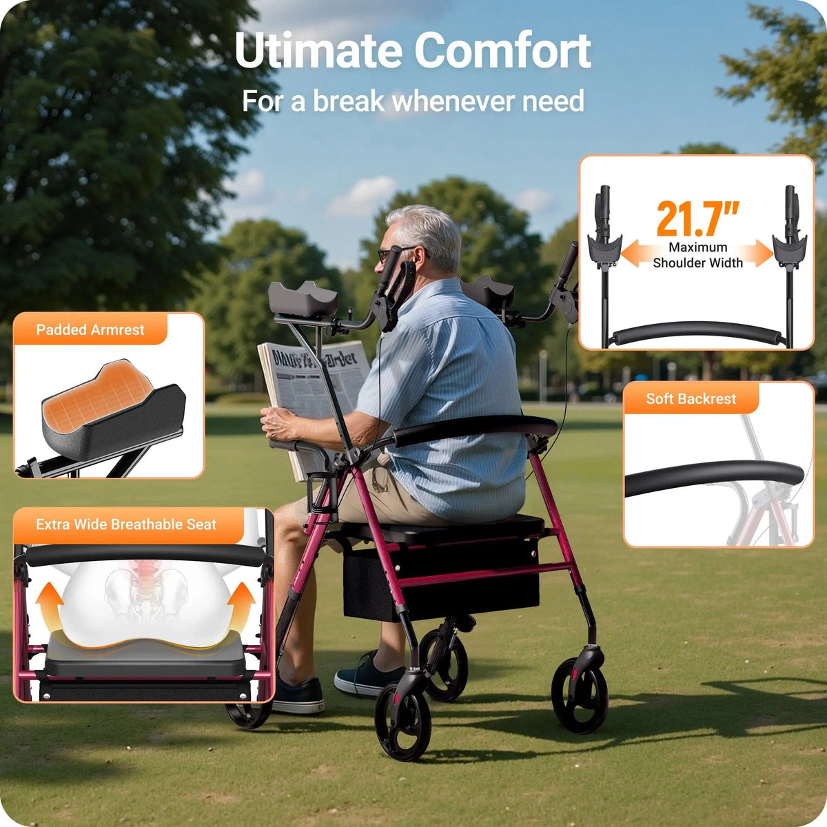 Fold & Travel Mobility accessibility equipment Dual-Use Upright Rollator Walker with Seat C1334A