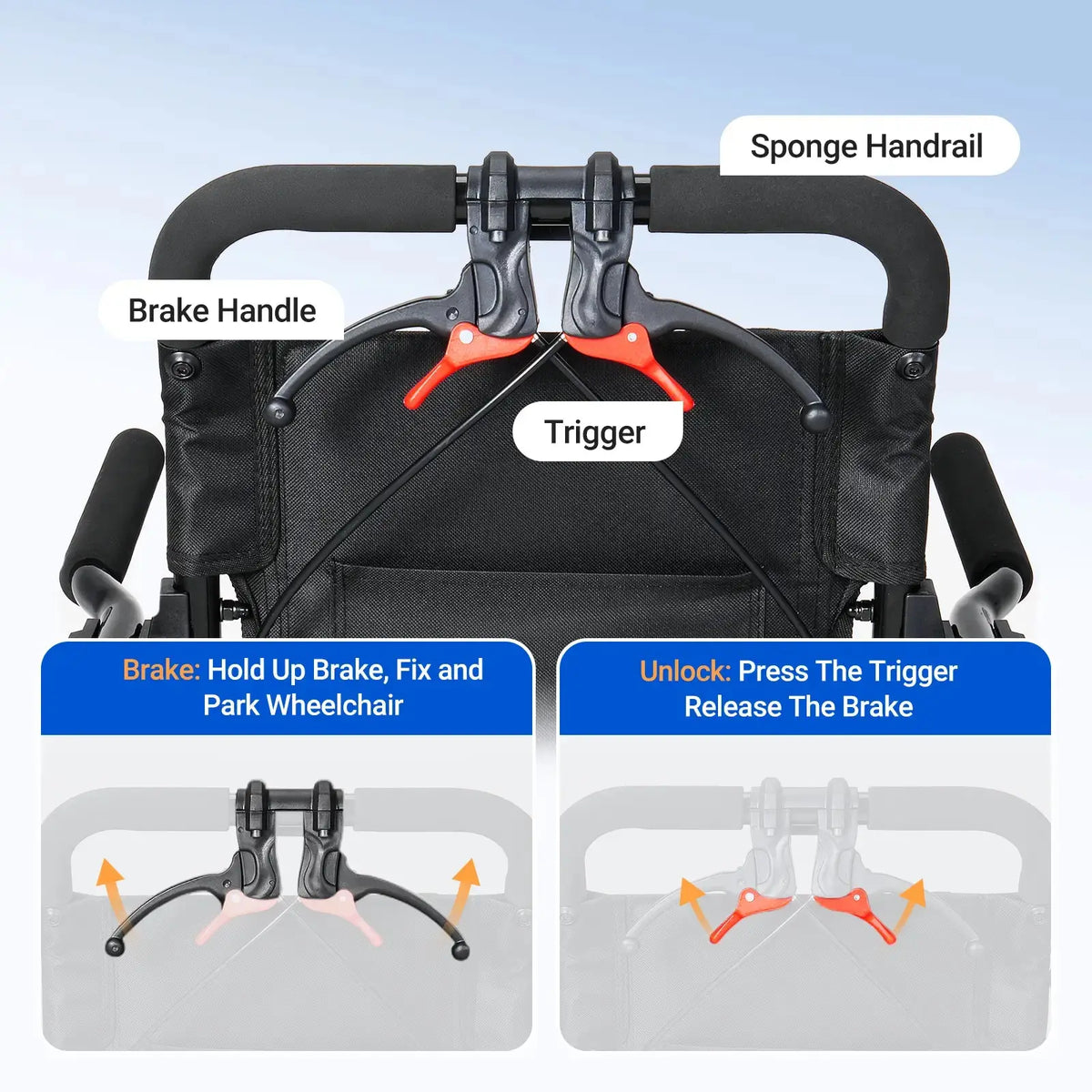 Fold & Travel Mobility accessibility equipment Ultra Lightweight Transport Wheelchair for Adults with Telescopic Handle DH01413
