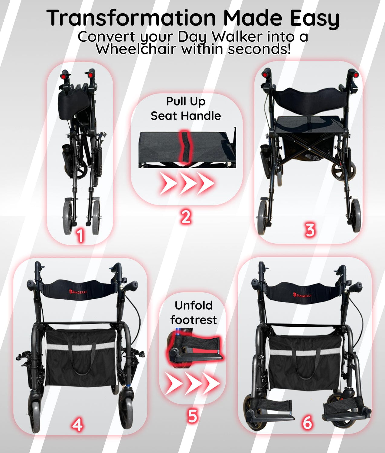 Bangeran Rollators & Walkers Day Walker Folding Rollator Walker Manual Wheelchair 3 in 1 Durable Foldable Rolling Walker with Seat