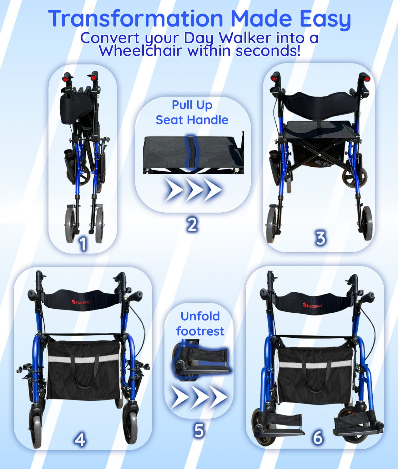 Bangeran Rollators & Walkers Day Walker Folding Rollator Walker Manual Wheelchair 3 in 1 Durable Foldable Rolling Walker with Seat