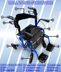 Bangeran Rollators & Walkers Day Walker Folding Rollator Walker Manual Wheelchair 3 in 1 Durable Foldable Rolling Walker with Seat
