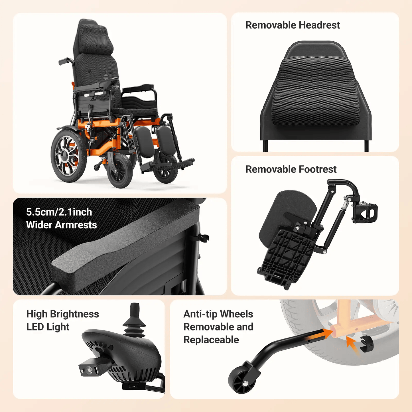 Fold and Travel Electric Wheelchair Reclining Electric Wheelchair 160° Adjustable Backrest Elevating Leg Rest
