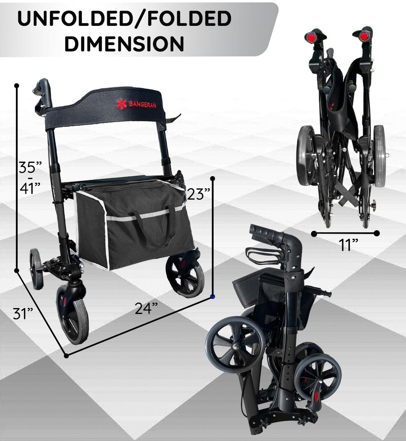 Bangeran Rollators & Walkers Easy Carry Folding Rollator Walker with Seat Foldable Rolling Walker with Durable Aluminum
