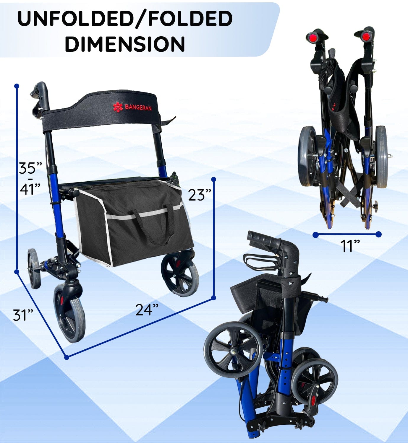 Bangeran Rollators & Walkers Easy Carry Folding Rollator Walker with Seat Foldable Rolling Walker with Durable Aluminum