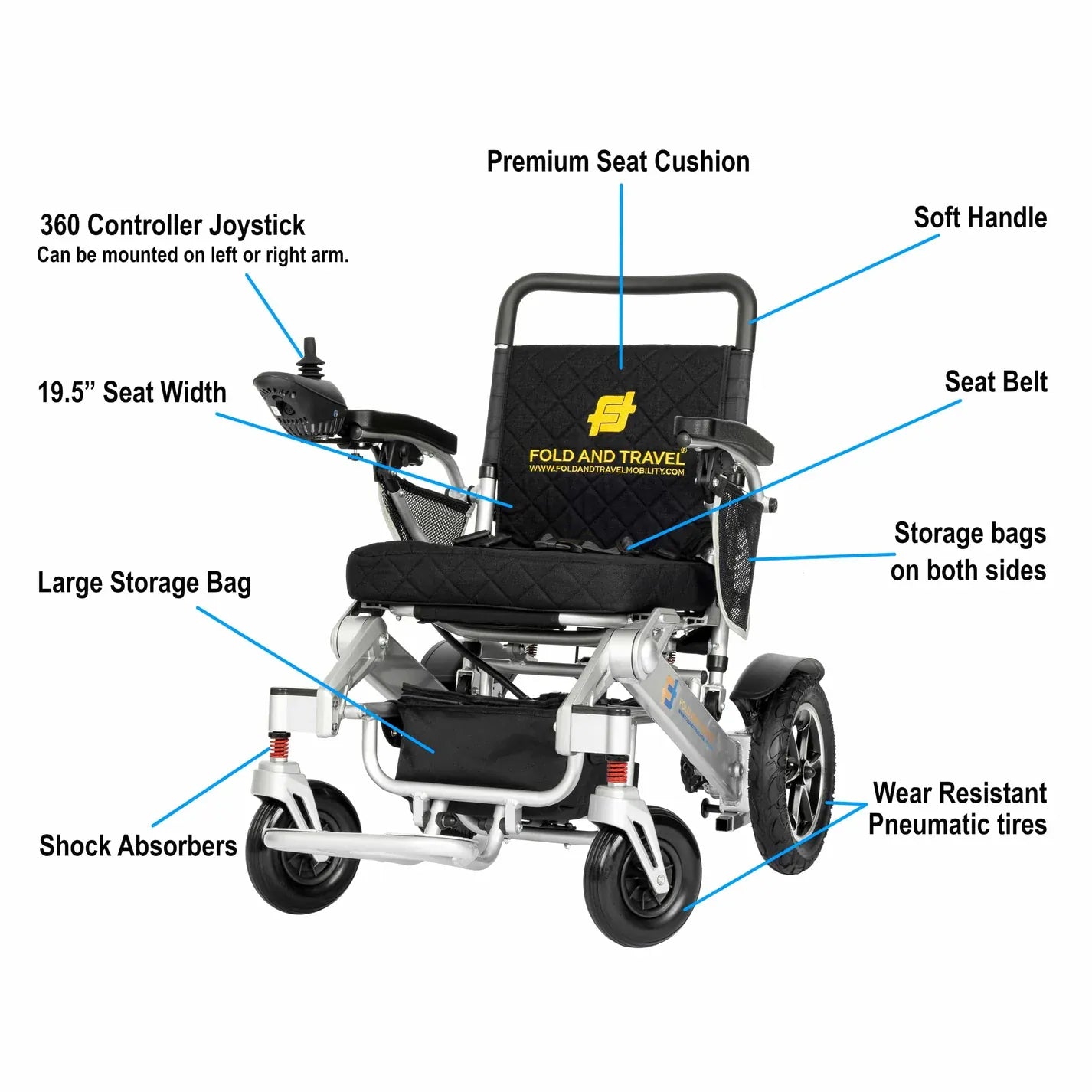 Fold and Travel Electric Wheelchair Electric Wheelchair Silver, Black Seat Premium Lightweight