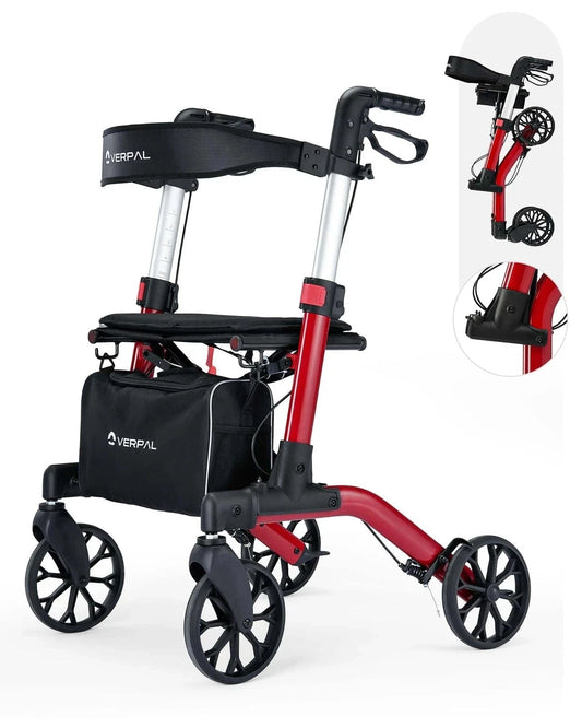THRIVE Rollators & Walkers Double Folding Rollator Walker with Seat Red Foldable Rolling Walker with Durable Aluminum