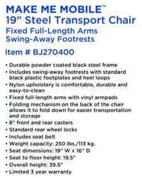Complete Medical Wheelchairs & Accessories ROLL WITH ME 19" Steel Transport Wheelchair