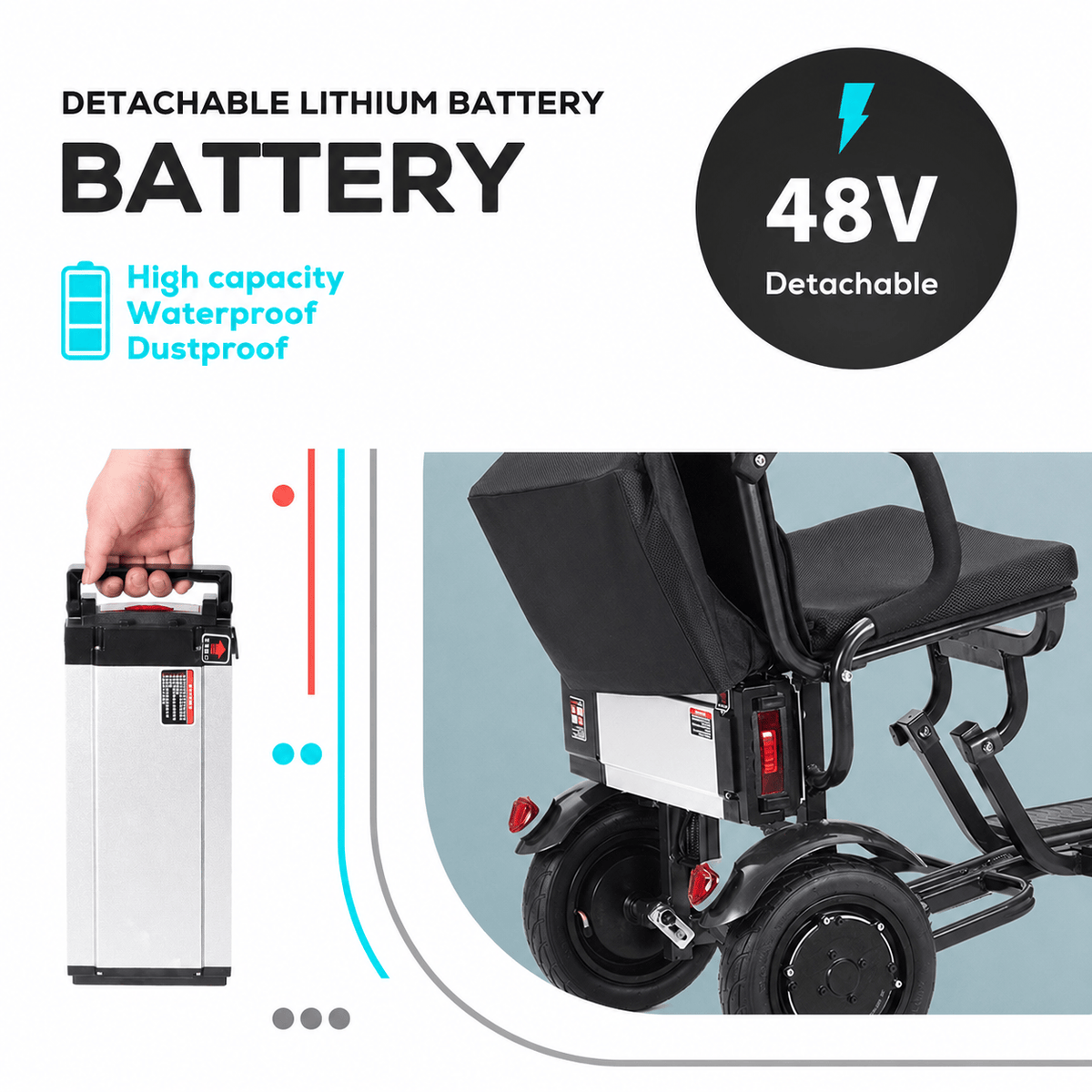 Fold & Travel Mobility WHEELCHAIR COUGAR (Black) Folding Electric Mobility Scooter 3 Wheel Lightweight Portable Power Travel Scooters