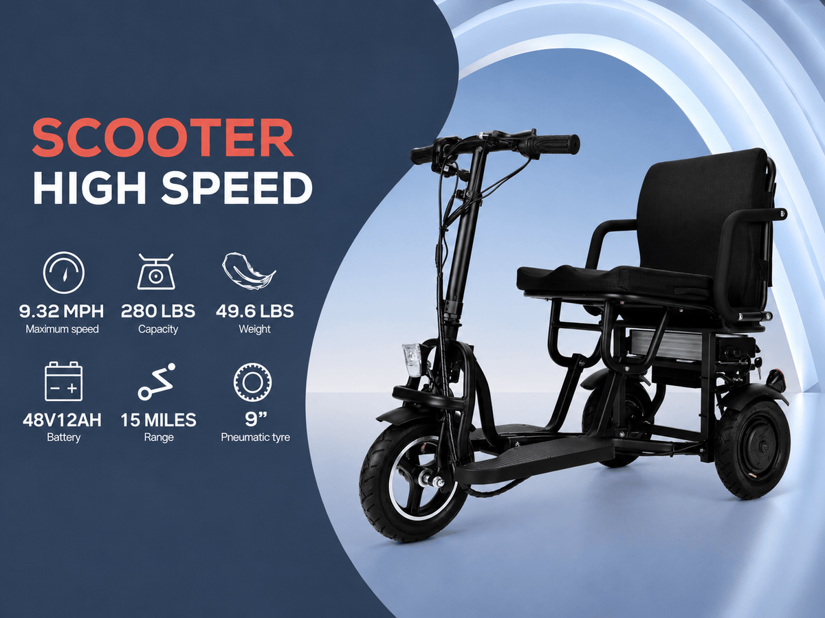 Fold & Travel Mobility WHEELCHAIR COUGAR (Black) Folding Electric Mobility Scooter 3 Wheel Lightweight Portable Power Travel Scooters