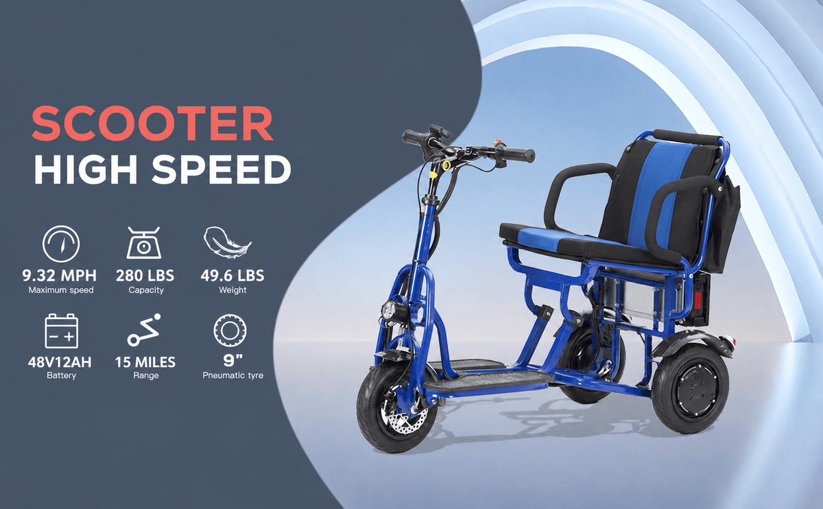 Fold & Travel Mobility WHEELCHAIR COUGAR (Blue) Folding Electric Mobility Scooter 3 Wheel Lightweight Portable Power Travel Scooters