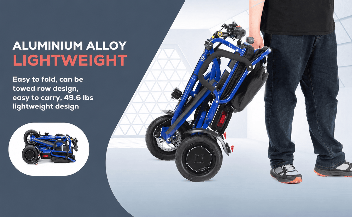 Fold & Travel Mobility WHEELCHAIR COUGAR (Blue) Folding Electric Mobility Scooter 3 Wheel Lightweight Portable Power Travel Scooters