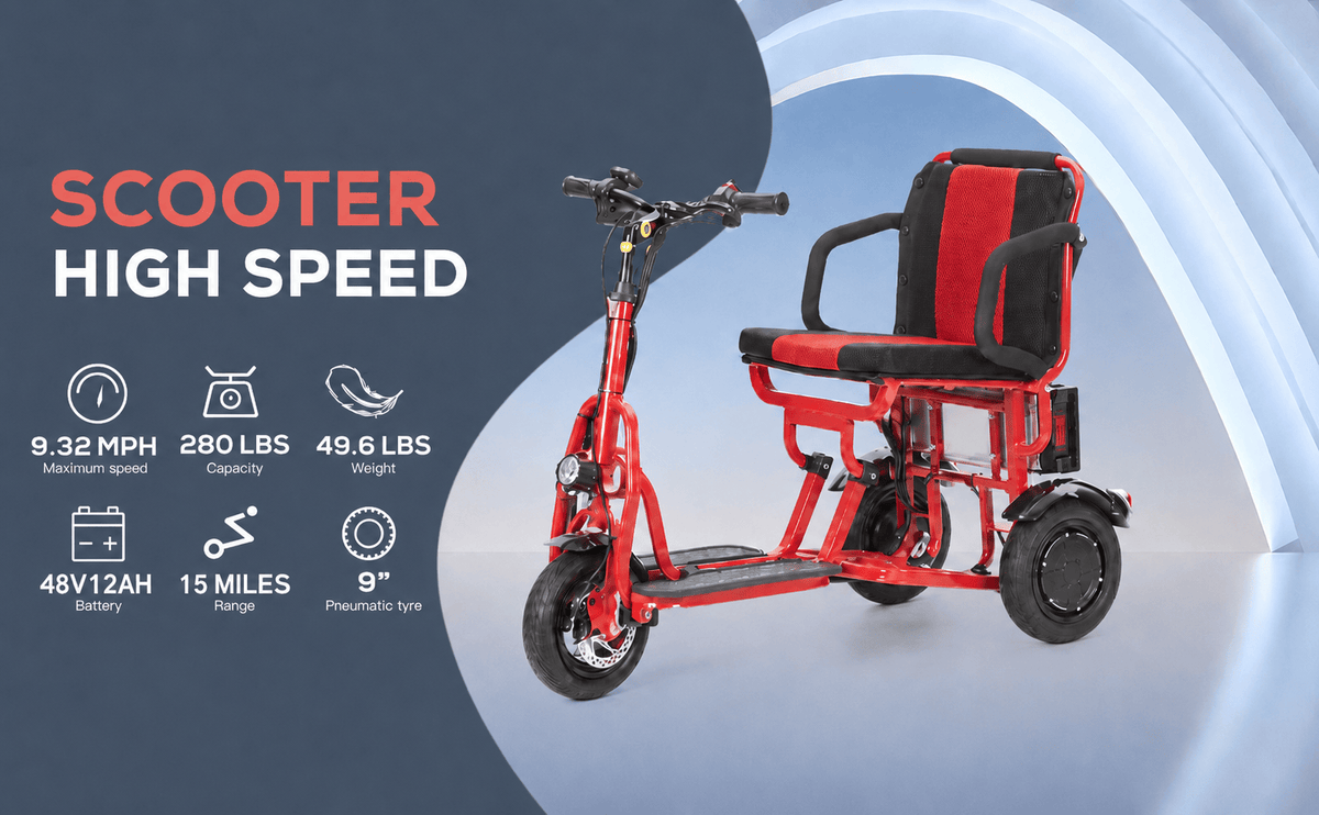 Fold & Travel Mobility WHEELCHAIR COUGAR (Red) Ultra Lightweight Folding Scooter For Adults 3 Wheeler - Portable