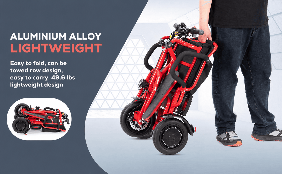 Fold & Travel Mobility WHEELCHAIR COUGAR (Red) Ultra Lightweight Folding Scooter For Adults 3 Wheeler - Portable