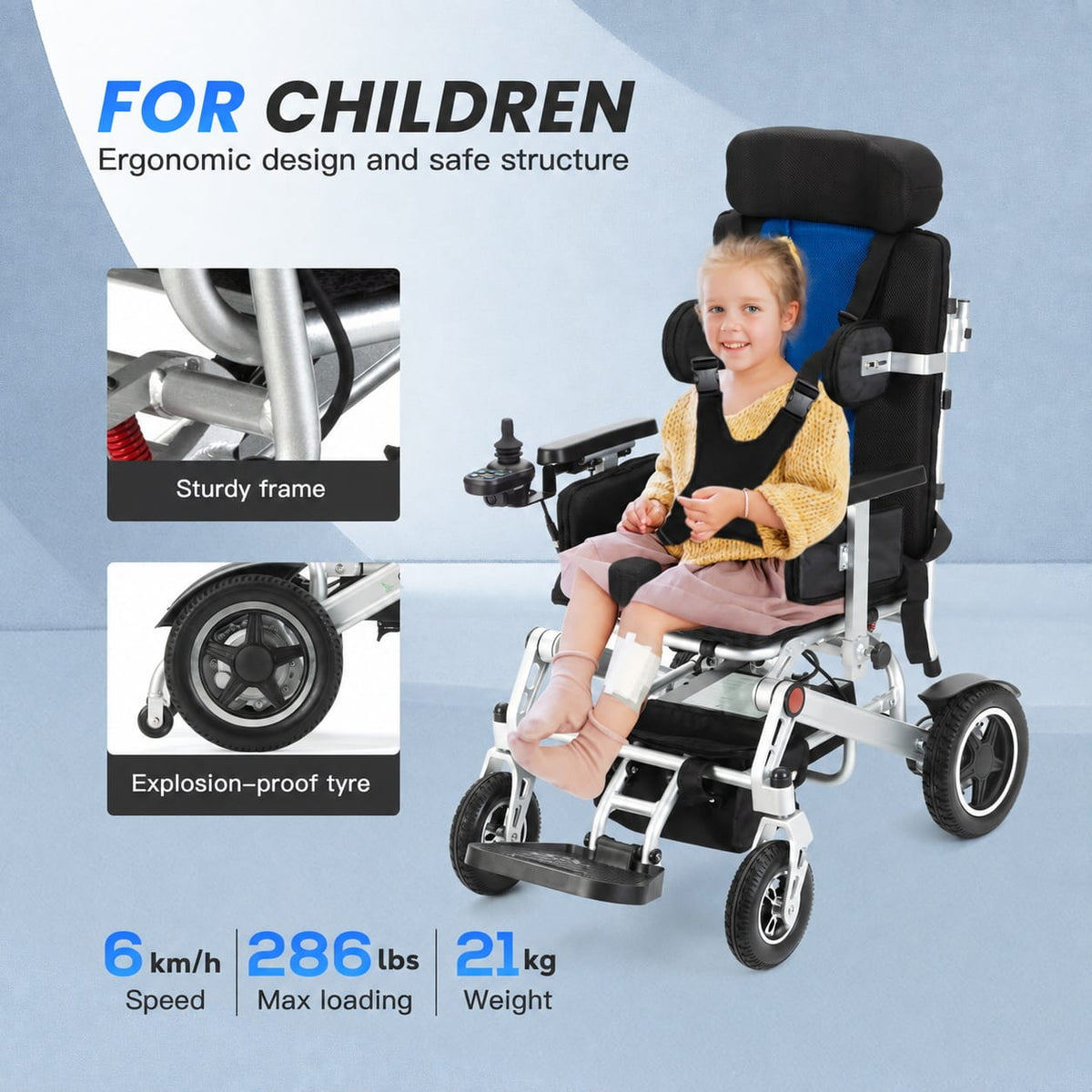 Fold & Travel Mobility WHEELCHAIR NORA-Kids Electric Wheelchair Aluminum Alloy Frame , Disabled Teenagers Foldable