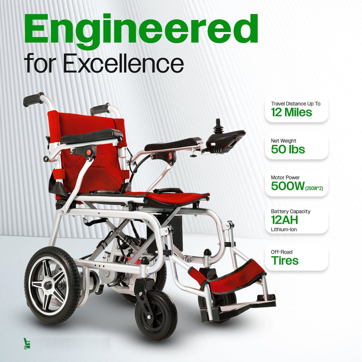 Fold & Travel Mobility WHEELCHAIR ARTEMIS PRO (Red)-Lightweight Foldable Electric Wheelchair 500W -12 miles