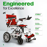 Fold & Travel Mobility WHEELCHAIR ARTEMIS PRO (Red)-Lightweight Foldable Electric Wheelchair 500W -12 miles
