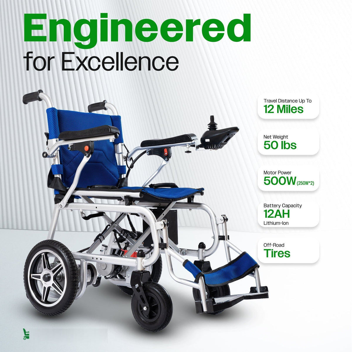 Fold & Travel Mobility WHEELCHAIR ARTEMIS PRO (Blue)-Lightweight Foldable Electric Wheelchair 500W - 12 miles