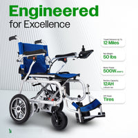 Fold & Travel Mobility WHEELCHAIR ARTEMIS PRO (Blue)-Lightweight Foldable Electric Wheelchair 500W - 12 miles