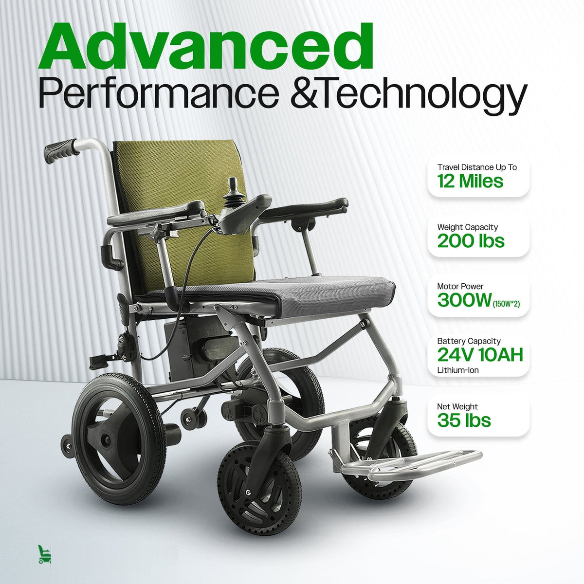Fold & Travel Mobility WHEELCHAIR KANO (Green) -Foldable Electric Wheelchair, Travel Size, User-Friendly