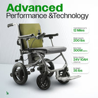Fold & Travel Mobility WHEELCHAIR KANO (Green) -Foldable Electric Wheelchair, Travel Size, User-Friendly