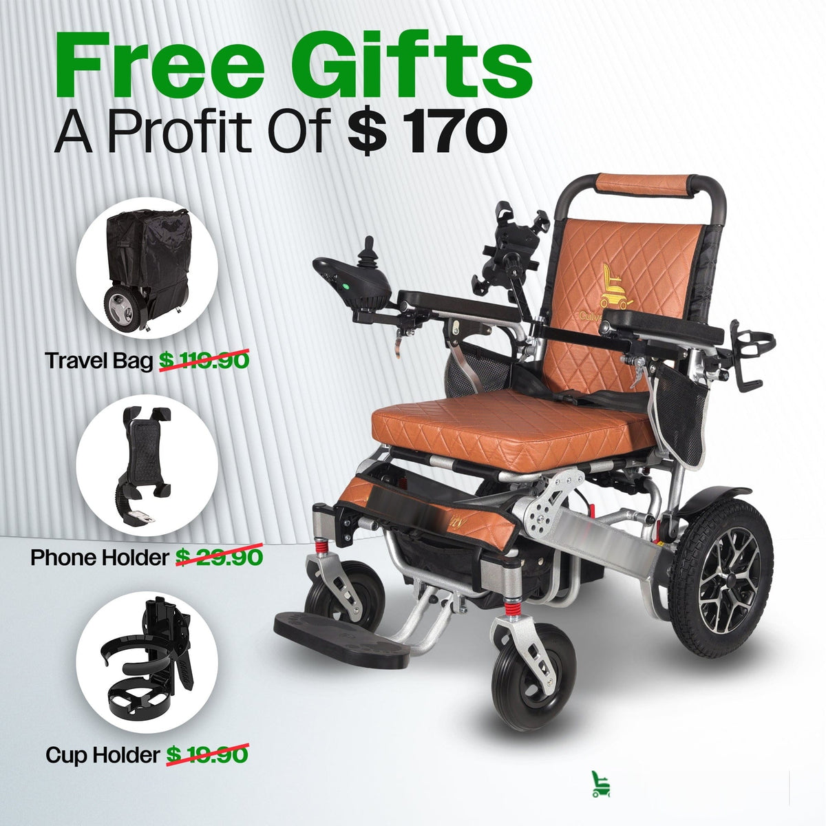 Fold & Travel Mobility WHEELCHAIR WOLF Brown Folding Electric Wheelchair, 330lbs Capacity, 25mi Range