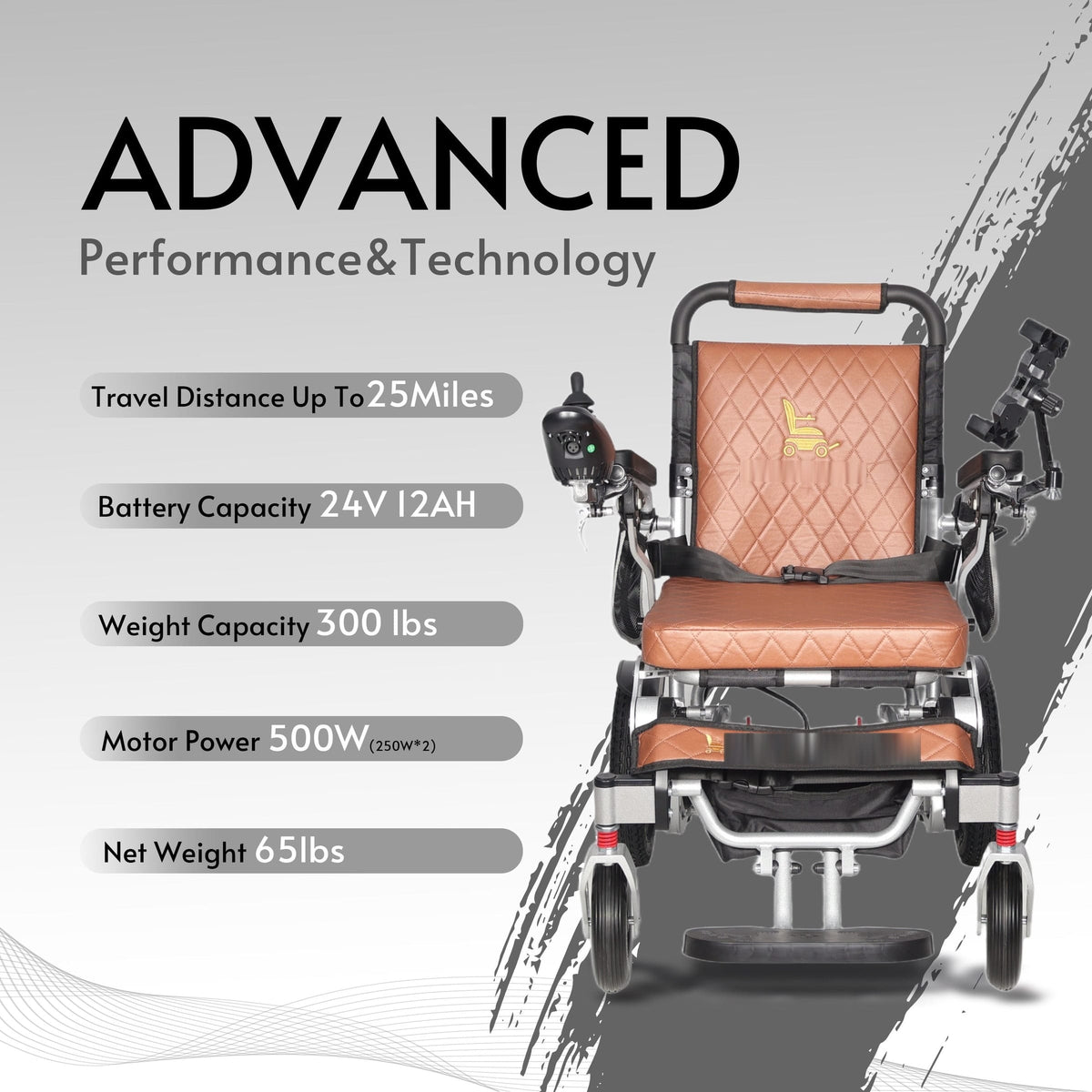 Fold & Travel Mobility WHEELCHAIR WOLF Brown Folding Electric Wheelchair, 330lbs Capacity, 25mi Range