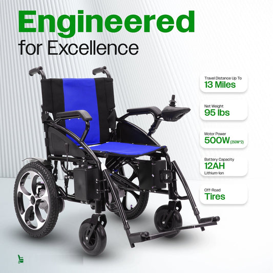 Fold & Travel Mobility WHEELCHAIR ARTEMIS (BLUE) - Folding Lightweight Electric Wheelchair 265lbs - 500W- 13Miles