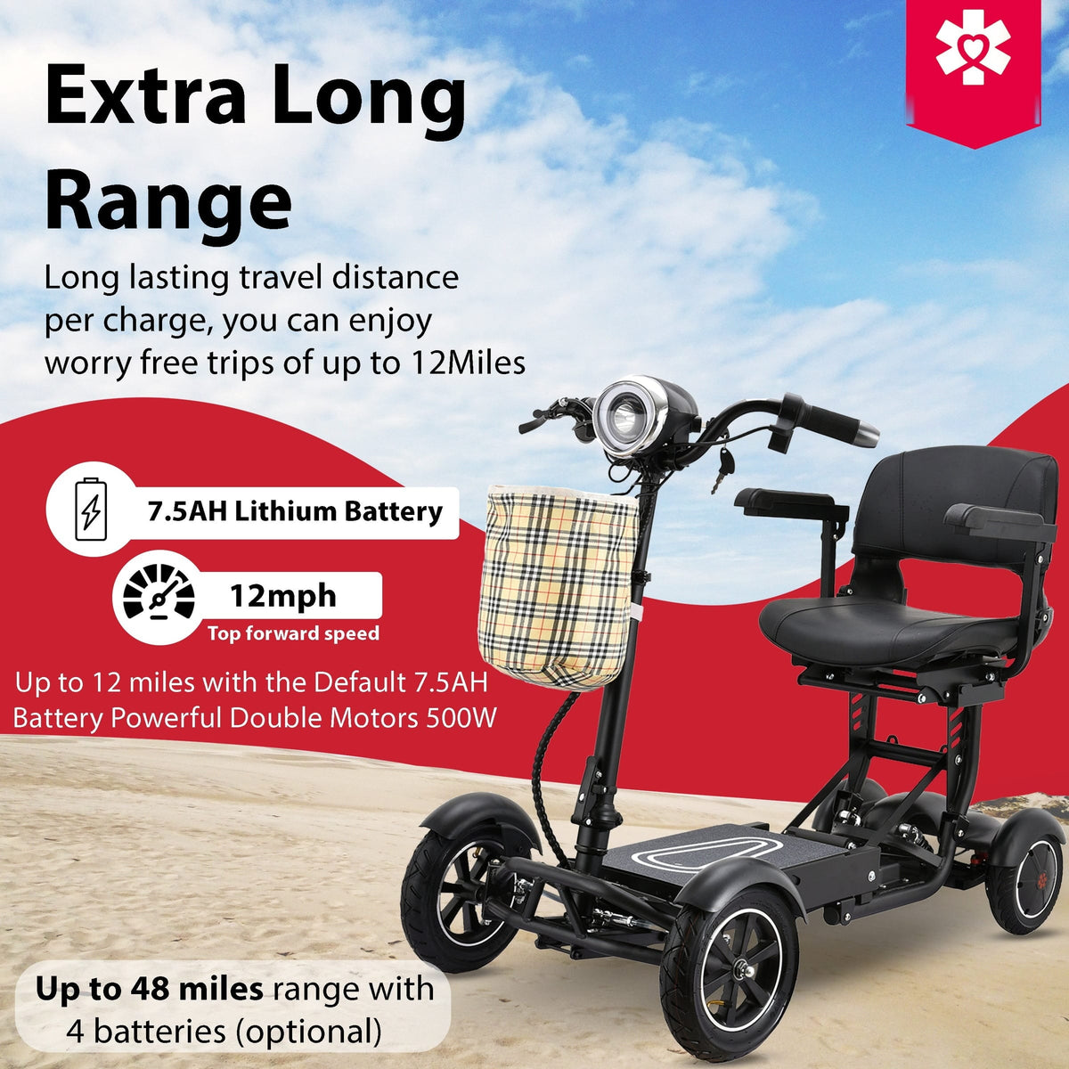 Fold & Travel Mobility Mobility Scooter 4 Wheel Collapsible Portable Electric Powered Wheelchair - Black color