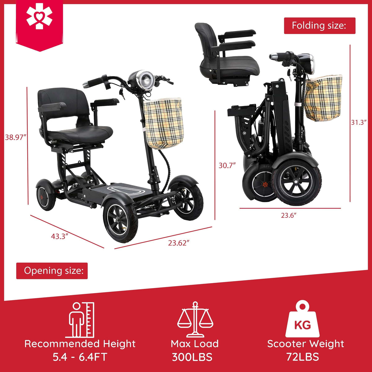 Fold & Travel Mobility Mobility Scooter 4 Wheel Collapsible Portable Electric Powered Wheelchair - Black color