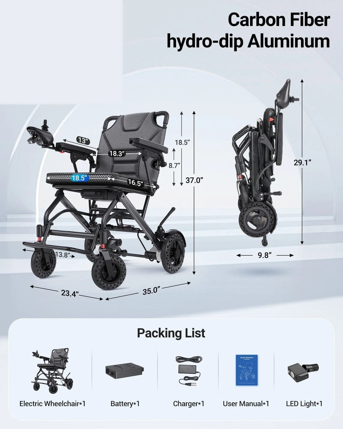 Fold & Travel Mobility accessibility equipment Wide-Seat Comfort Fast-Fold Electric Wheelchair Capacity 12AH 18.5" Seat - K04