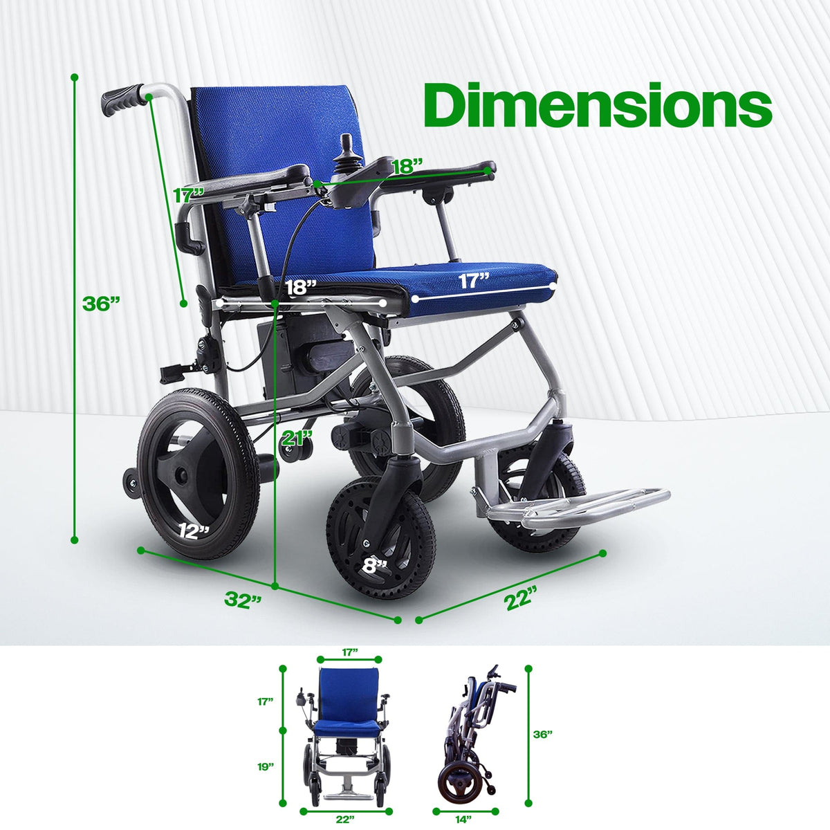 Fold & Travel Mobility WHEELCHAIR KANO (Blue) -Foldable Electric Wheelchair, Travel Size, User-Friendly