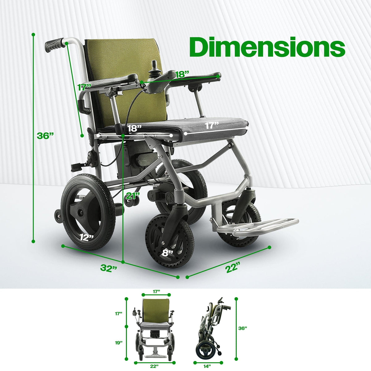 Fold & Travel Mobility WHEELCHAIR KANO (Green) -Foldable Electric Wheelchair, Travel Size, User-Friendly