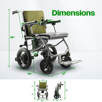 Fold & Travel Mobility WHEELCHAIR KANO (Green) -Foldable Electric Wheelchair, Travel Size, User-Friendly