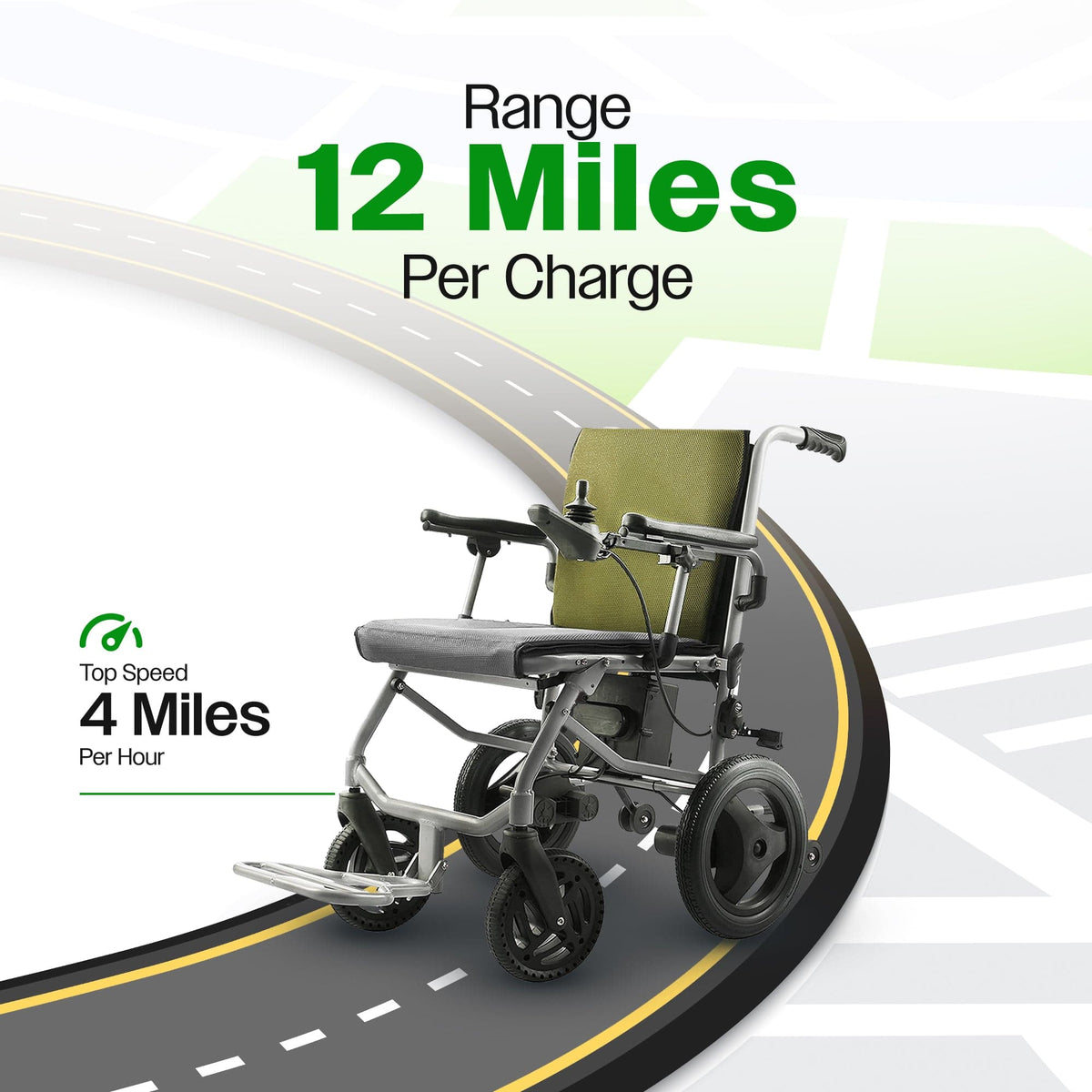 Fold & Travel Mobility WHEELCHAIR KANO (Green) -Foldable Electric Wheelchair, Travel Size, User-Friendly