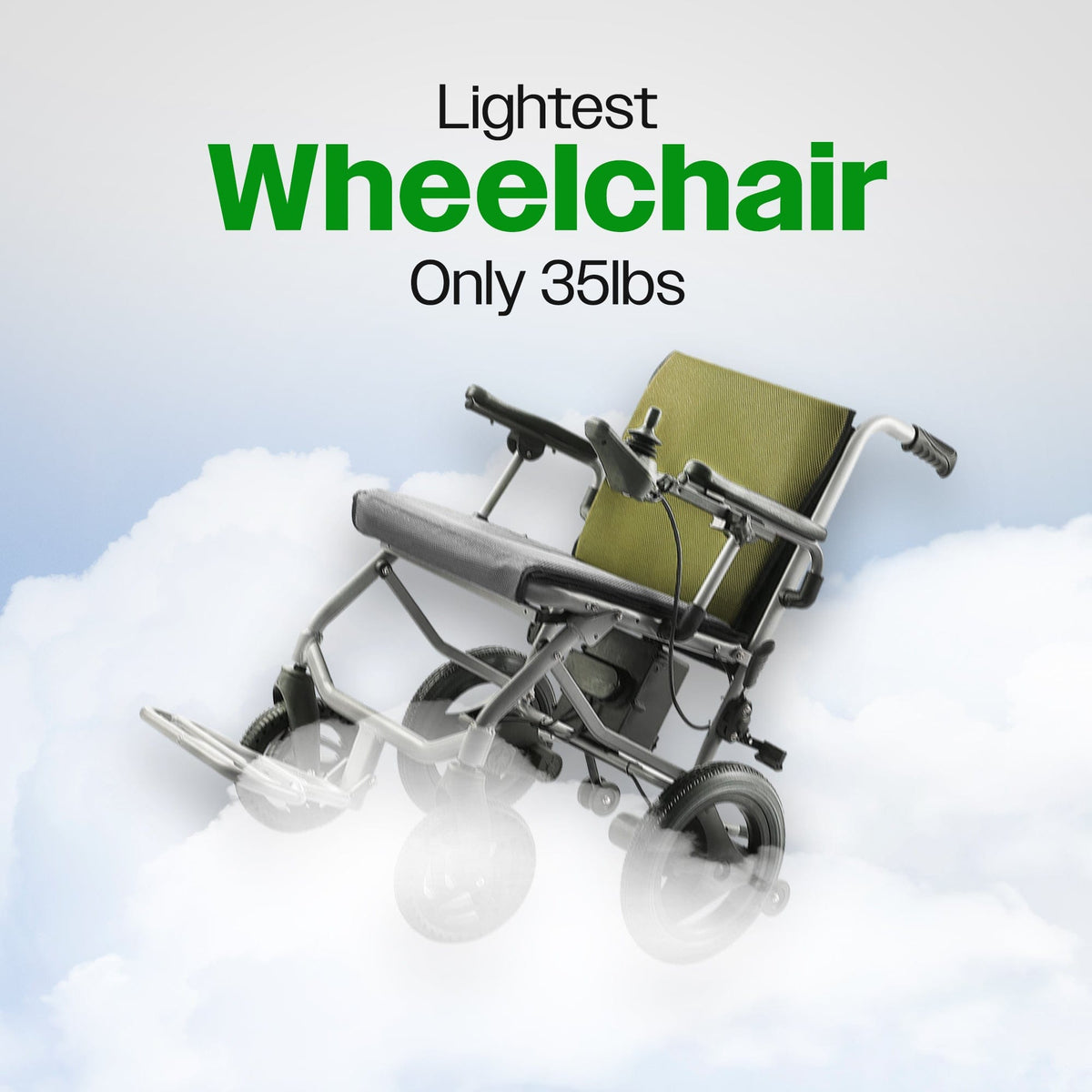 Fold & Travel Mobility WHEELCHAIR KANO (Green) -Foldable Electric Wheelchair, Travel Size, User-Friendly