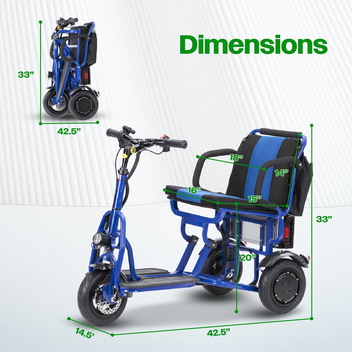 Fold & Travel Mobility WHEELCHAIR COUGAR (Blue) Folding Electric Mobility Scooter 3 Wheel Lightweight Portable Power Travel Scooters